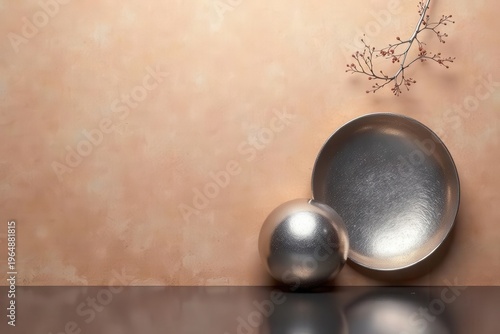 Serene Still Life Featuring Metallic Sphere and Bowl Against a Textured Peach Background