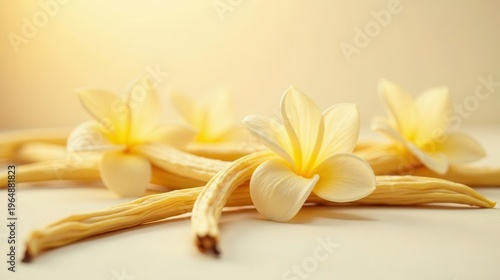 Serene Pale Yellow Flowers Resting on Smooth, Textured Pods in Soft Light