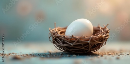A single, pristine white egg nestled securely within a delicate, intricately woven bird's nest, resting gently on a soft, textured surface