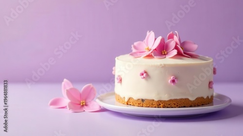 Delightful Vanilla Cake Adorned with Delicate Pink Sugar Flowers on a Lavender Background