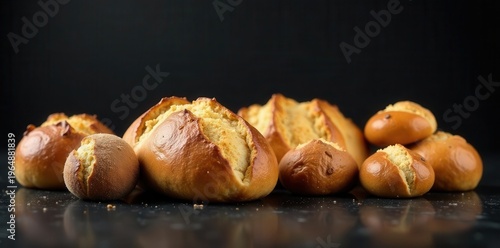 Golden-brown baked goods, artisan bread rolls, delicious freshly baked pastries, a delectable assortment of freshly baked bread, perfect for a morning meal or afternoon snack