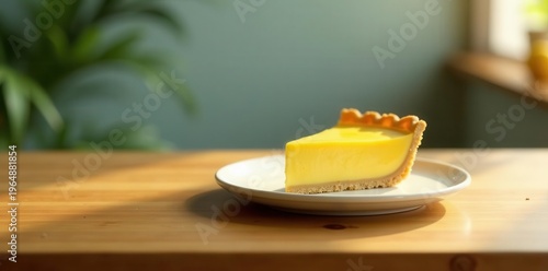 A sunny slice of golden custard tart on a simple white plate, resting on a warm wooden surface