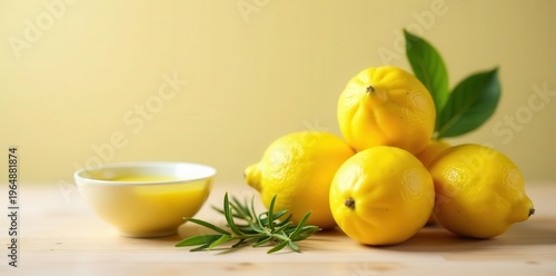 A vibrant still life featuring a cluster of ripe lemons, accompanied by a small bowl of golden liquid and a sprig of aromatic herbs on a light wooden surface against a soft yellow backdrop.
