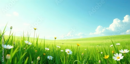 Serene Meadow Landscape Vibrant Green Grass, Sunny Sky, and Delicate Wildflowers Blooming in a Picturesque Setting