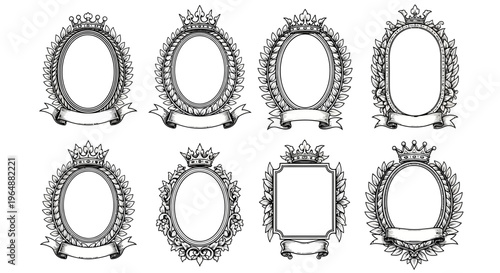 A collection of 8 ornate oval frame designs with crowns and ribbons