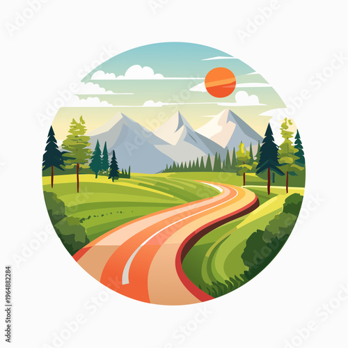 Scenic mountain road through a vibrant green landscape with trees and sky