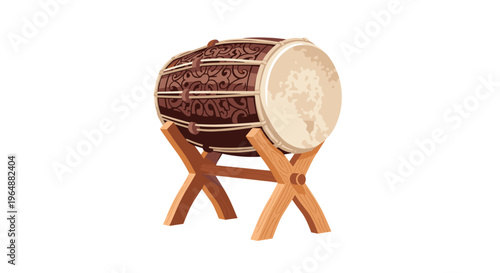 A brown drum with beige heads and intricate patterns rests on a wooden stand against a plain white background.
