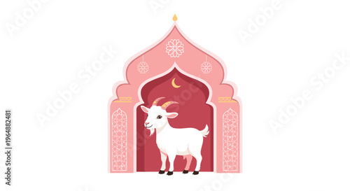 A white goat stands within a patterned pink archway featuring a crescent moon on a white background.