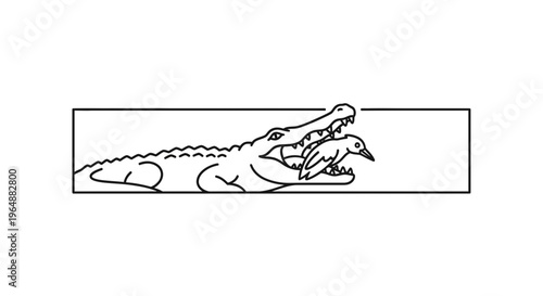 Captivating line art showcasing the unlikely friendship between a large reptile and a small avian