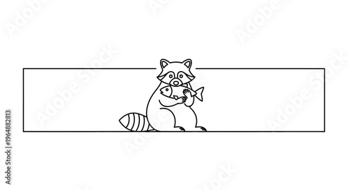Charming monochrome raccoon illustration happily clutching a freshly caught fish within a clean