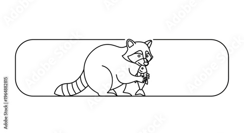 Minimalist Line Art Raccoon Proudly Displaying Its Freshly Caught Fish in a Simple Frame