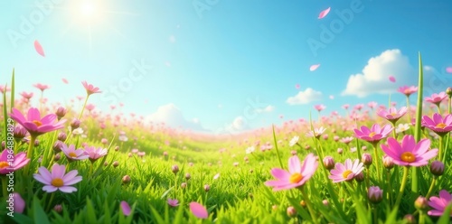 Serene Meadow  A Vibrant Springtime Landscape with Delicate Pink Blossoms Dancing in a Gentle Breeze Under a Sunny Sky