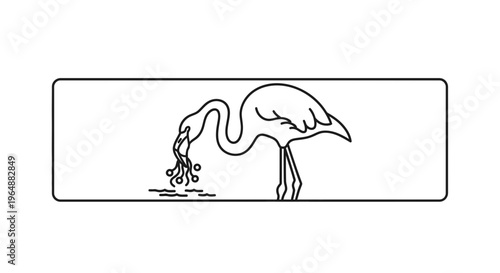 Minimalist outline drawing of an elegant flamingo feeding in shallow water, perfect for icon or logo