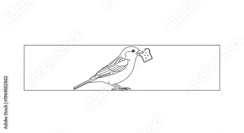 Simple black and white line drawing of a small bird carrying a piece of bread in its beak for