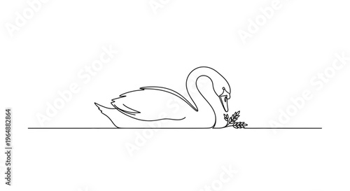 Continuous line drawing of an elegant swan gracefully resting amidst simple aquatic foliage
