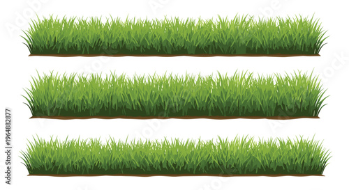 Three identical, parallel strips of dense green grass with brown soil are arranged horizontally on a clean white background.