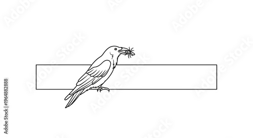 Monochromatic sketch depicting a bird gripping an insect prey while balanced on an empty text banner