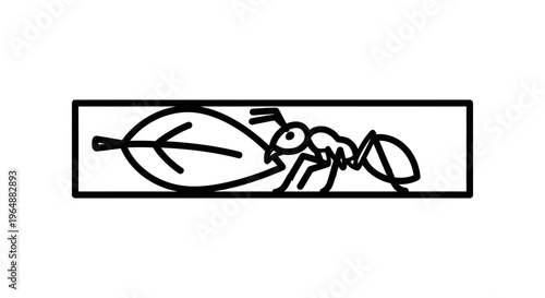Minimalist black outline drawing of an ant carrying a leaf representing diligence and nature's