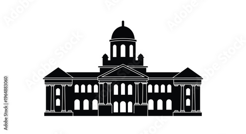 A symmetrical black silhouette of a classical domed building with a grand facade is presented on a white background.