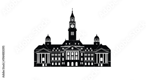 A detailed black silhouette of a classical building with a central clock tower and two domed turrets is isolated on a clean white background.