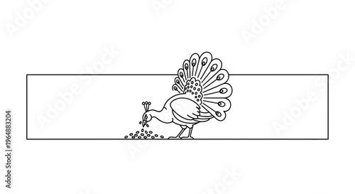 Minimalist outline drawing of a peacock pecking at scattered seeds within a simple rectangular frame