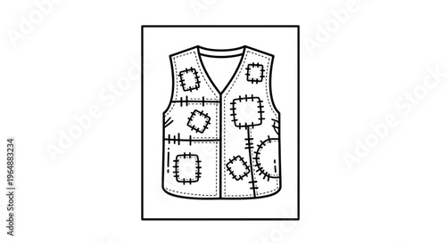 Minimalist line art illustration of a rugged patched vest, symbolizing resilience and reuse