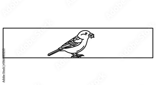 Minimalist line art bird illustration with a bug in its beak inside a clean rectangular frame design