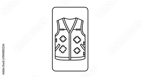 Stylized sleeveless vest icon with unique geometric patterns and pockets in outline illustration