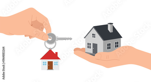 One hand is holding a key with a house charm towards another hand cradling a house on a white background.