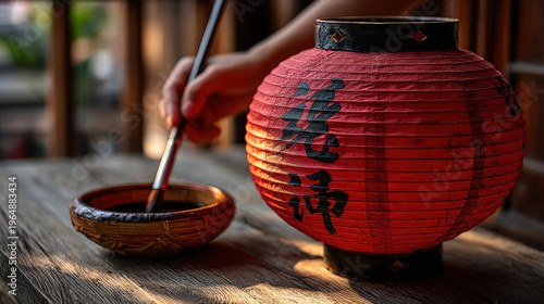 Vibrant red lantern symbolizes festival spirit as hand delicately paints poem on bowl, capturing essence of Chinese culture