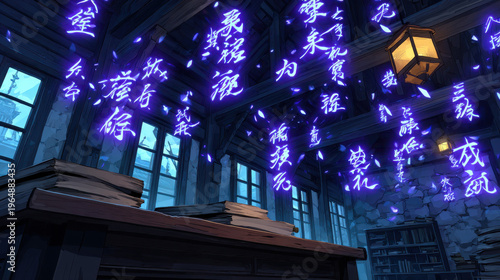 Ancient heritage shines through Chinese script on light filled walls, creating mystical atmosphere in this enchanting room