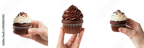 Set of hands holding chocolate cupcakes with rich dark chocolate frosting and colorful sprinkles isolated on white background