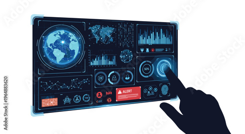 A silhouetted hand with a glowing fingertip is interacting with a complex, dark blue holographic interface displaying various data, maps, and alerts on a white background.