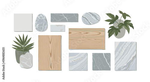 A flat lay arrangement of various textures including marble tiles, wooden planks, and potted green plants is presented on a white background.