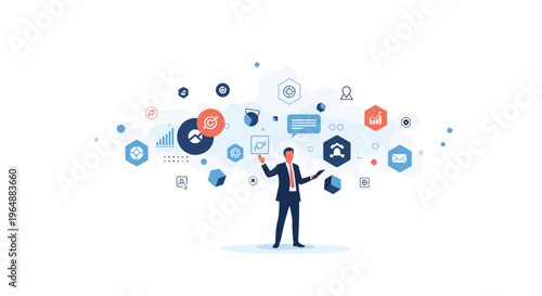 A stylized businessman in a suit is standing amidst a floating cloud of various business and data-related icons on a white background.