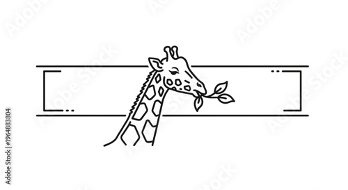 Elegant line art giraffe illustration peacefully enjoying fresh leaves within a clean graphic frame