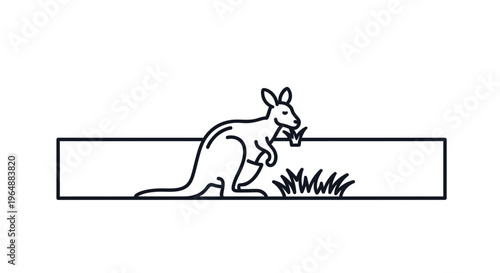 Minimalist kangaroo family icon graphic eating grass in Australian wildlife outline in black and