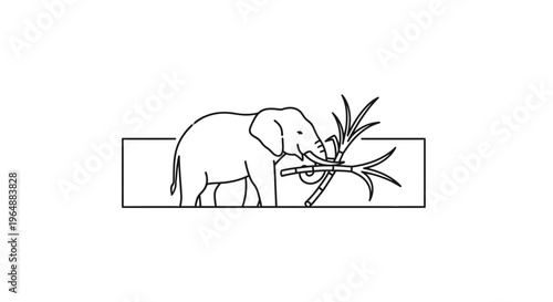 Elegant line art depiction of an elephant gently holding sugarcane stalks within a clean,