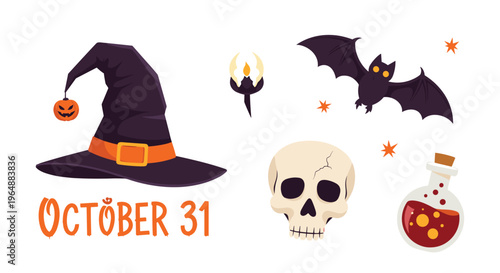 Various Halloween elements including a purple witch hat, a flying bat, a human skull, a glowing candle, and a potion bottle are arranged with OCTOBER 31 text on a white surface.