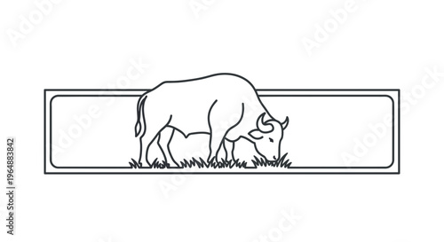 Minimalist linear depiction of a horned bull grazing on grass inside a simple rectangular frame