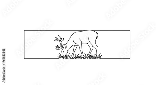 Minimalist line art illustration of an elegant antlered deer grazing peacefully in lush grass