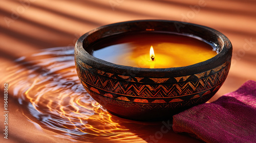 Beautifully crafted bowl filled with warm orange oil reflects soft light, creating serene atmosphere over surface