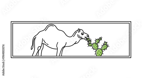 Minimalist line art illustration depicting a desert camel enjoying a thorny green cactus plant