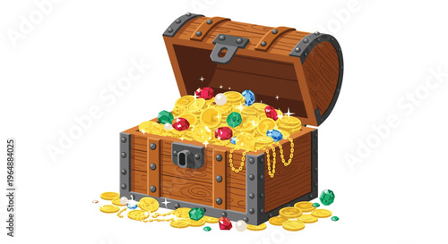 An open brown wooden treasure chest overflows with glittering gold coins and colorful jewels on a plain white background.