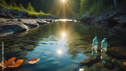 Two plastic water bottles standing on rocks in a serene river stream with sunlight reflection and forest background in a surreal and dreamy artistic style