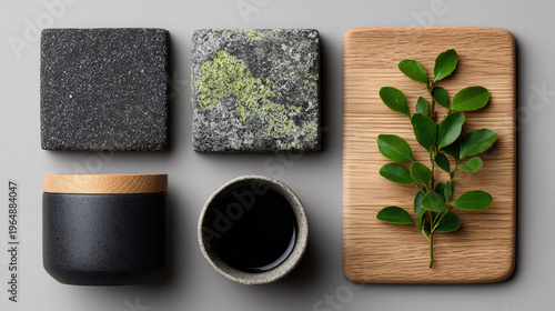 Natural elements combine beautifully in this digital detox scene featuring textured items like stone, wood, and greenery