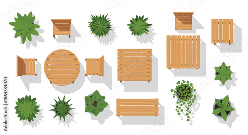 A top-down view shows various wooden outdoor furniture pieces and potted green plants casting shadows on a white background.