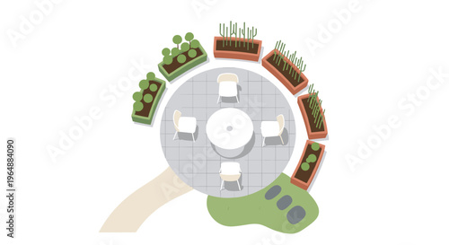 An aerial view shows a circular patio with a white table, four chairs, and surrounding planters with green plants.