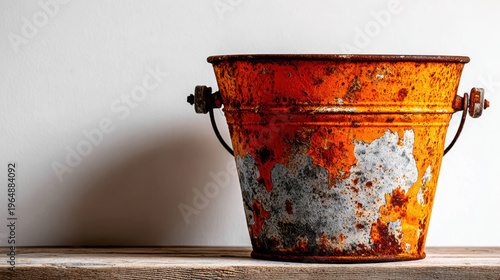 Old bucket shows signs of pollution in remote village, with rust and peeling paint highlighting its weathered charm