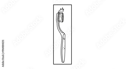 Minimalist black and white line art depicting a dental toothbrush with a fresh ribbon of toothpaste